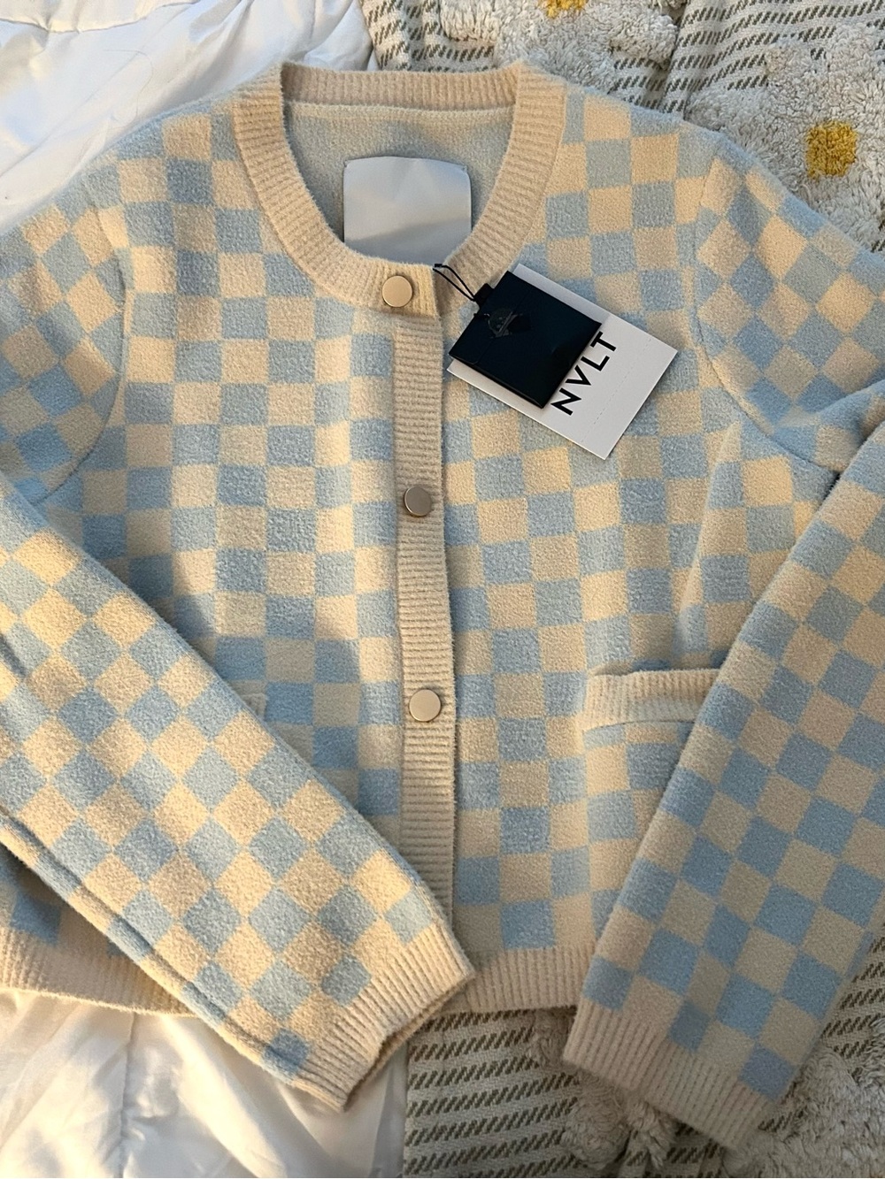 NVLT Cream and Light Blue Checkerboard Knit Cardigan